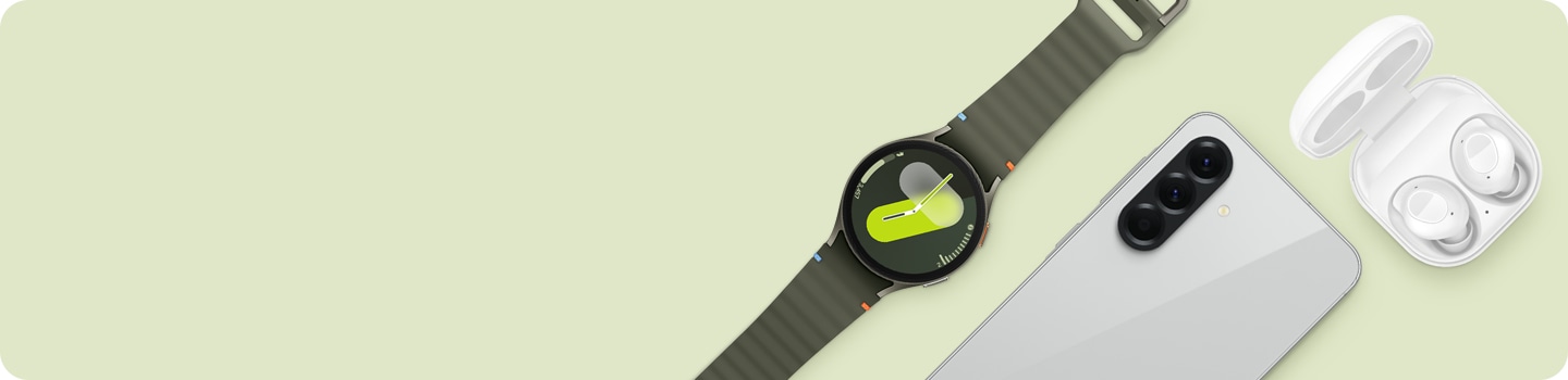 Galaxy Watch7 facing the front. Galaxy A56 5G in rear view. Galaxy Buds FE case open, showing the earbuds in their place.