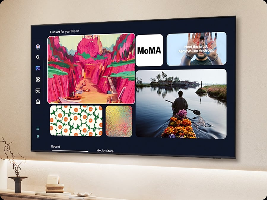 A TV screen displays the Samsung Art Store, which shows several different options for paintings.
