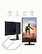 Two monitors show off the front and back designs of the G5. The monitor on the left shows the backside of the monitor featuring a stand that can adjust different heights. The monitor on the right has its screen pivoted fully vertical and on the screen shows robots standing on a deserted planet. Above the monitors shows a grid of ergonomic features from HAS(Height Adjustable Stand) and tilt capabilities to the swivel and 90º pivot flexibility. An Odyssey logo is added at the bottom of the monitor on the left.