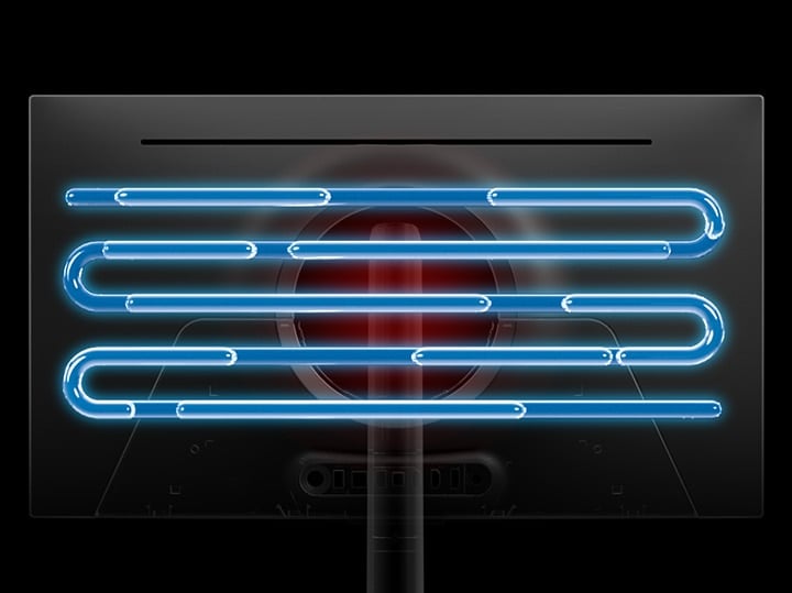 Back of monitor turns red due to heat. X-ray view shows coolant inside heat pipe. Back panel turns blue as if cooled.
