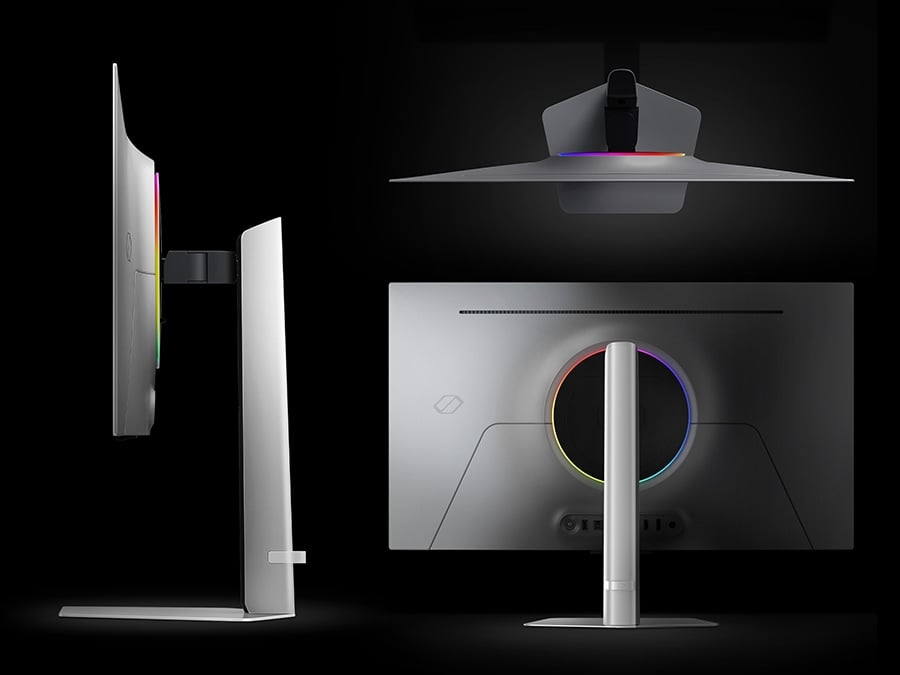 A side view of a detached monitor and stand, a bird view of the monitor and a full view of the back panel.