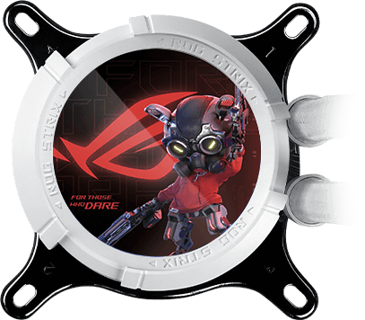 ROG Strix LC III LCD display with the image with ROG logo