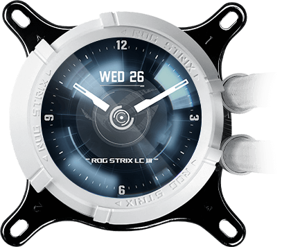 ROG Strix LC III LCD display with the image that show the time of the day