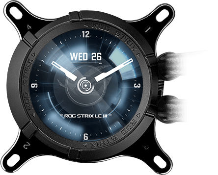 ROG Strix LC III LCD display with the image that show the time of the day