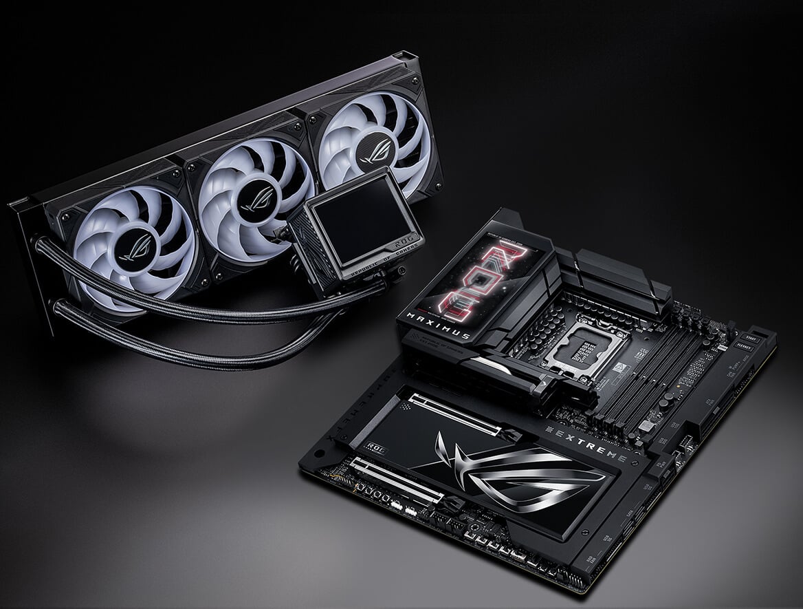 ROG Ryujin III 360 ARGB Extreme et ROG Maximus Z890 Extreme placés sur le bureau.