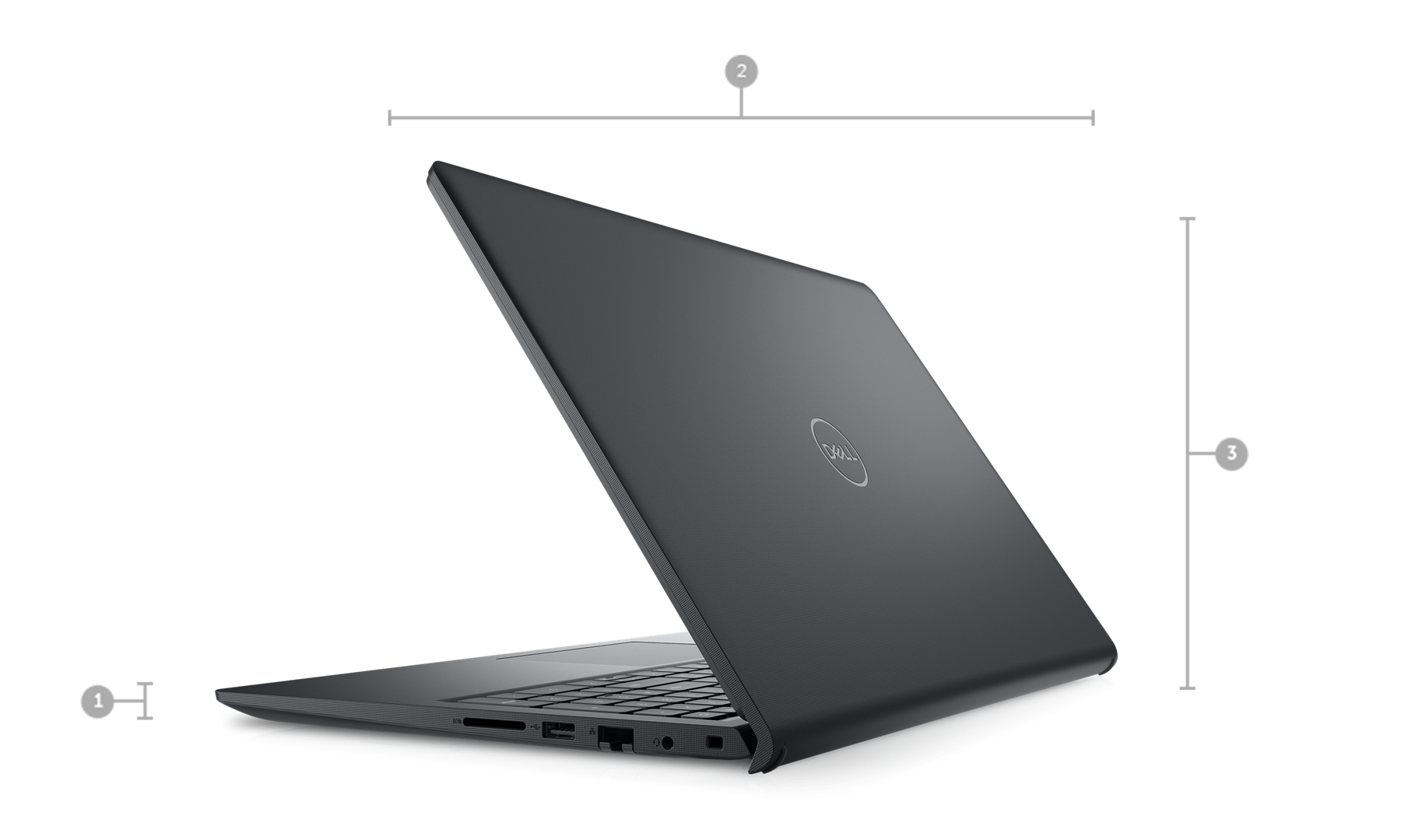 Ordinateur portable&nbsp;Dell&nbsp;Vostro&nbsp;15&nbsp;3530 avec des num&eacute;ros allant de&nbsp;1 &agrave;&nbsp;3 indiquant les dimensions et le poids du produit.
