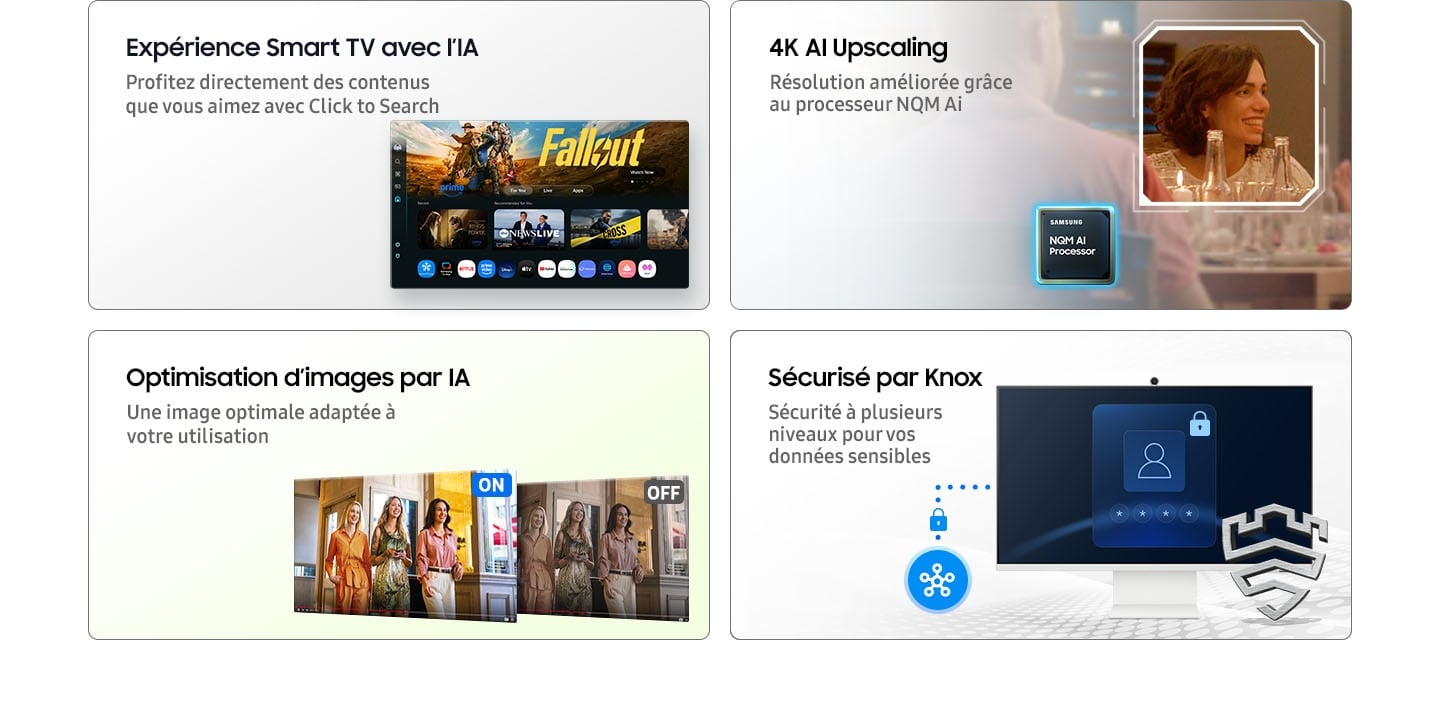 Smart TV experience with AI. Enjoy content directly and explore more with Click To Search and Copilot. Main screen shows Smart TV apps page with various content and apps lined up.&nbsp;4K AI Upscaling. Enhanced resolution with NQM AI Processor.&nbsp;A clear shot of a woman.&nbsp;AI Picture Optimizer. Optimal picture tailored for your intended use.&nbsp;When AI Picture Optimizer is ON, the screen is bright, but when it is OFF, the screen is dimmed.&nbsp;Knox Security. Multi-layered security for your sensitive data. SmartThings links to the monitor. Monitor shows a secure login screen. Secured by Knox logo.