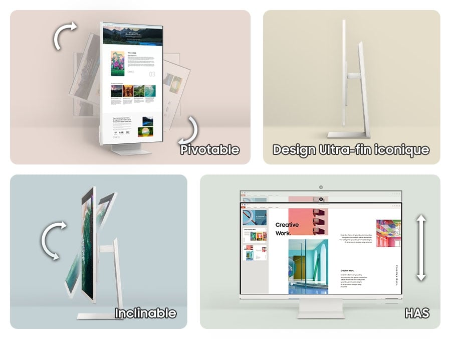 There are 4 monitors. The upper left monitor turns sideways with Pivot, and the upper right monitor emphasizes its Iconic Slim Design. The lower left moves back and forth with Tilt and the lower right shows how the height of the monitor is adjusted up and down through HAS.
