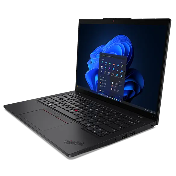 Ordinateur portable Lenovo ThinkPad L14 Gen 6 (Intel 14 pouces) : aperçu avant droit, capot ouvert, avec le menu Windows 11 devant l'arrière-plan Windows sur l'écran