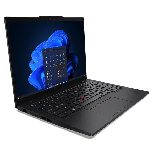 Ordinateur portable Lenovo ThinkPad L14 Gen 6 (Intel 14 pouces) : aperçu avant gauche, capot ouvert, avec le menu Windows 11 devant l'arrière-plan Windows sur l'écran