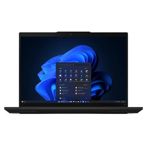 Ordinateur portable Lenovo ThinkPad L14 Gen 6 (Intel 14 pouces) : aperçu frontal, capot ouvert, avec le menu Windows 11 devant l'arrière-plan Windows Bloom à l'écran
