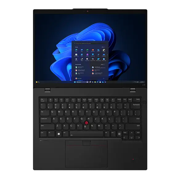 Ordinateur portable Lenovo ThinkPad L14 Gen 6 (Intel 14 pouces) : vue de face de dessus, capot ouvert à plat, avec le menu Windows 11 devant l'arrière-plan Windows Bloom à l'écran
