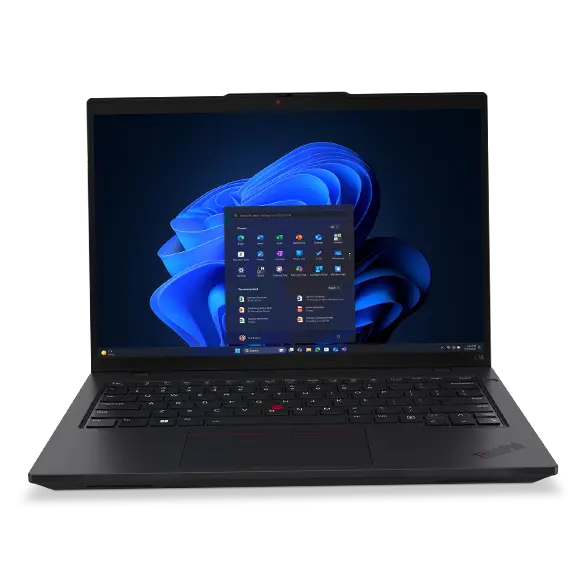 Ordinateur portable Lenovo ThinkPad L14 Gen 6 (Intel 14 pouces) : aperçu frontal, capot ouvert, avec le menu Windows 11 devant l'arrière-plan Windows Bloom à l'écran