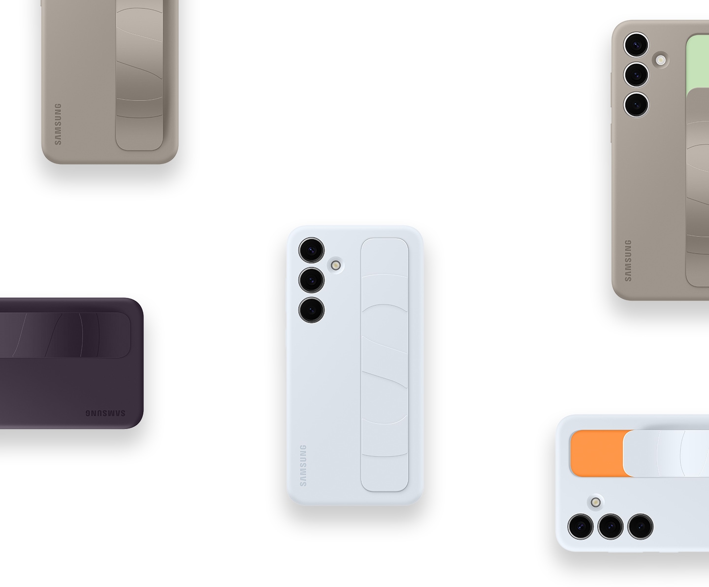 Les &eacute;tuis ergonomiques verticaux Bleu Clair, Taupe et Prune Fonc&eacute; du Galaxy S24 Plus sont dispos&eacute;s de mani&egrave;re ordonn&eacute;e, ce qui montre la polyvalence du produit. Affich&eacute;e sans bordures, la forme rectangulaire de l&rsquo;&eacute;tui v&eacute;hicule une impression d&rsquo;organisation.
