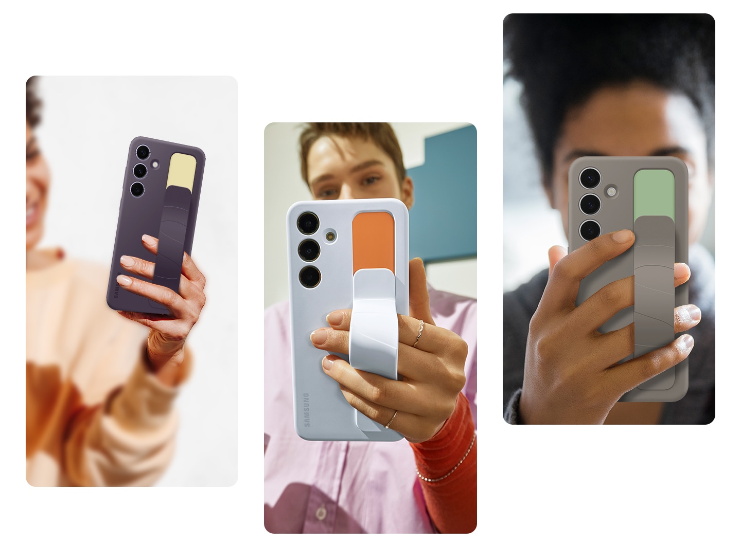Trois jeunes tiennent la sangle de l&rsquo;&eacute;tui ergonomique vertical en Prune Fonc&eacute;, Bleu Clair et Taupe de gauche &agrave; droite. Chaque personne montre qu&rsquo;il est facile de tenir le t&eacute;l&eacute;phone en tant que droitier ou gaucher, avec plusieurs photos de style de vie dans diff&eacute;rentes couleurs.