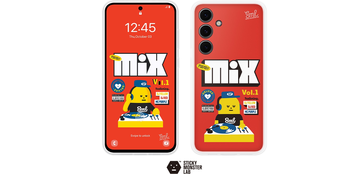 Les deux Galaxy S24 FE dans l&rsquo;&eacute;tui Flipsuit Sticky Monster Wrap Rouge sont pr&eacute;sent&eacute;s, l&rsquo;&eacute;tui Flipsuit Keith Haring Jaune &eacute;tant expos&eacute; sur le c&ocirc;t&eacute;. L&rsquo;avant et l&rsquo;arri&egrave;re sont pr&eacute;sent&eacute;s, respectivement. L&rsquo;&eacute;tui Flipsuit Sticky Monster Wrap Rouge est expos&eacute; &agrave; nouveau.
