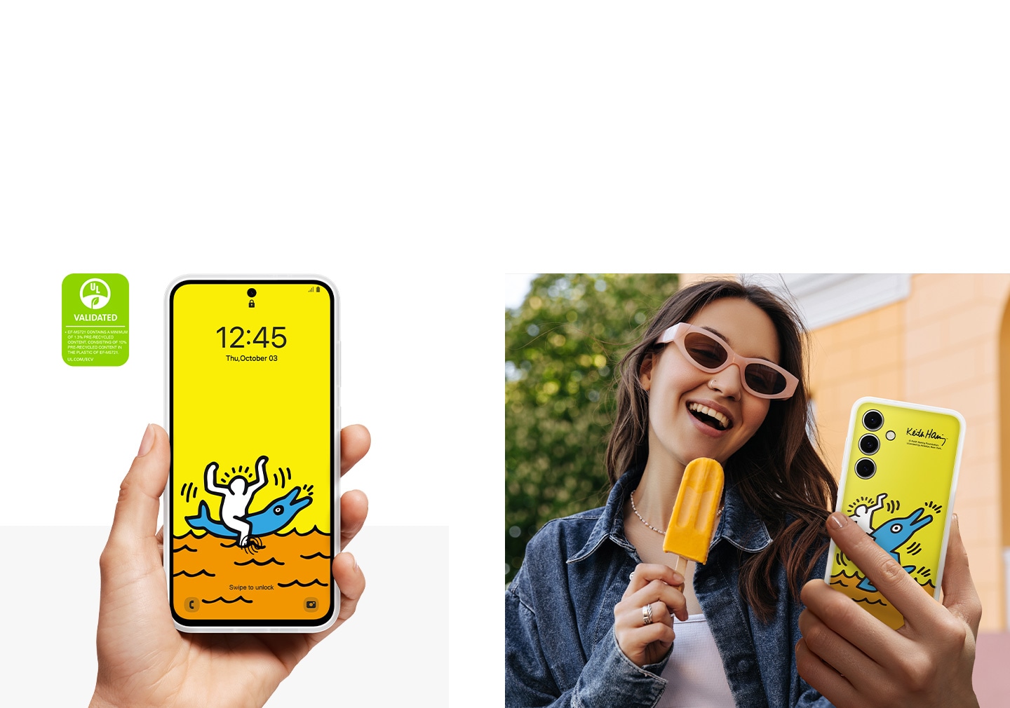 Une femme sourit en regardant son Galaxy S24 FE dans un &eacute;tui Flipsuit Keith Haring Jaune, le t&eacute;l&eacute;phone dans une main et une glace dans l&rsquo;autre. Un gros plan montre une main tenant un Galaxy S24 FE avec un contenu Keith Haring jaune &agrave; l&rsquo;&eacute;cran. Le texte indique que L&rsquo;&Eacute;TUI FLIPSUIT CERTIFI&Eacute; UL (EF-MS721) CONTIENT AU MOINS 1,3&nbsp;% DE MATI&Egrave;RES PR&Eacute;-RECYCL&Eacute;ES, AVEC 10&nbsp;% DE MATI&Egrave;RES PR&Eacute;-RECYCL&Eacute;ES DANS LE PLASTIQUE DU EF-MS721. UL.COM/ECV.
