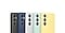 Five Galaxy S24 FE devices in black, blue, gray, mint and yellow Silicone Cases are displayed in a row, showing their back sides.