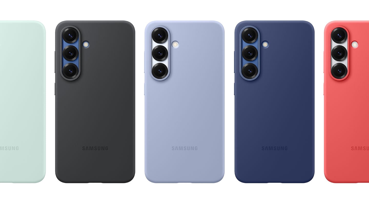 Toutes les options de couleur disponibles sont affich&eacute;es&nbsp;: Bleu, Noir, Bleu Clair, Menthe et Red pour la Silicone Case pour le Galaxy S25.