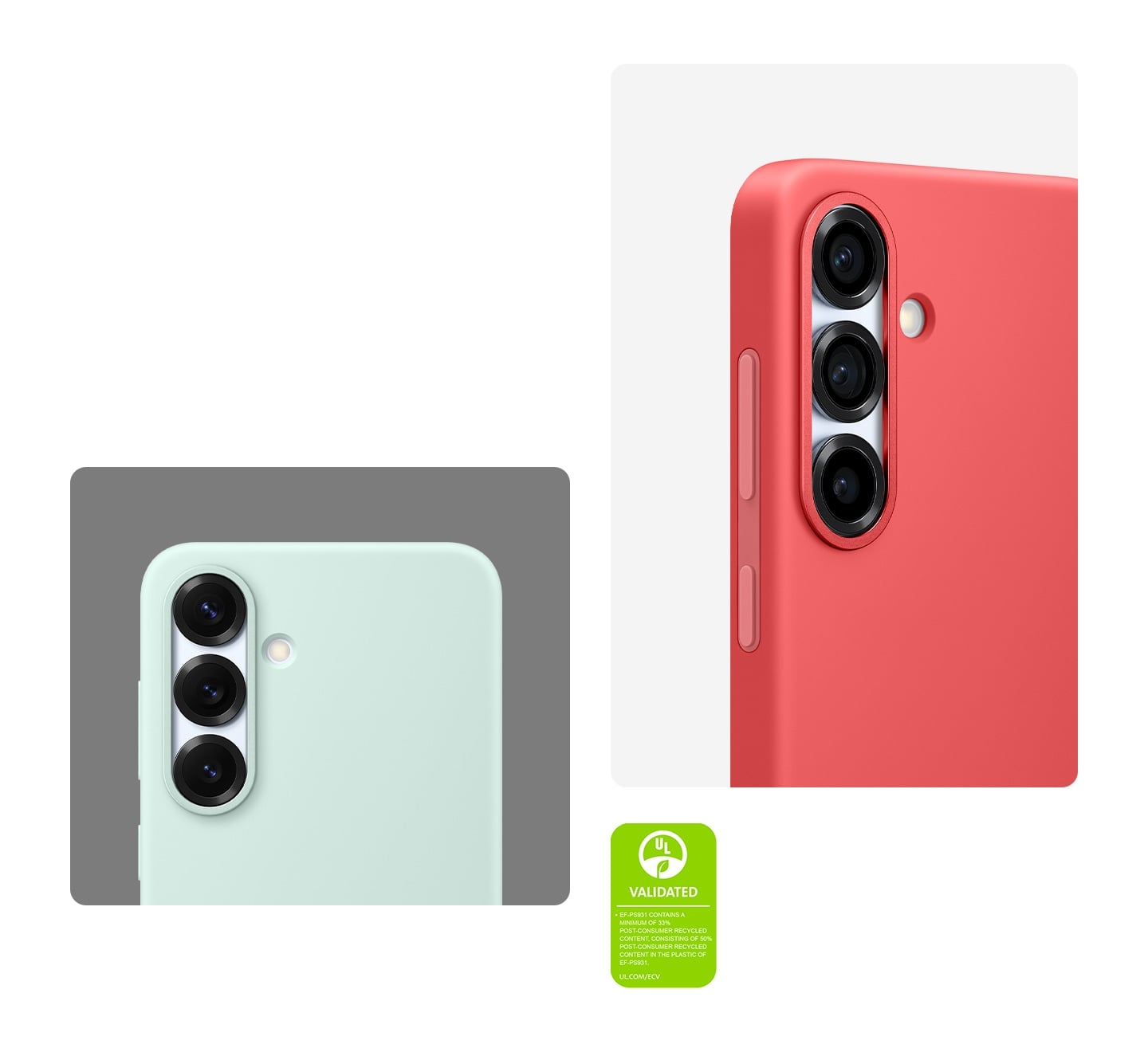 Deux Galaxy S25 &eacute;quip&eacute;s du Silicone Case sont pr&eacute;sent&eacute;s depuis la moiti&eacute; sup&eacute;rieure, de dos, leurs appareils photo visibles. L&rsquo;un est &eacute;quip&eacute; du Silicone Case en Menthe et l&rsquo;autre en Rouge. Une certification de d&eacute;claration environnementale UL indique&nbsp;: &laquo;&nbsp;EF-PS931 CONTIENT UN MINIMUM DE 33&nbsp;% DE CONTENU RECYCL&Eacute; POST-CONSOMMATEUR, COMPRENANT 50&nbsp;% DE CONTENU RECYCL&Eacute; POST-CONSOMMATEUR DANS LE PLASTIQUE DU MOD&Egrave;LE EF-PS931. UL.COM/ECV&nbsp;&raquo;.