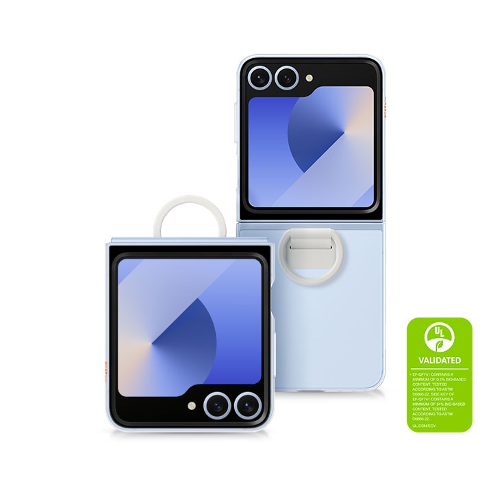 De deux téléphones Galaxy Z Flip6 orientés vers l’avant avec l’étui transparent installé. Un téléphone est complètement plié. L’autre téléphone est entièrement ouvert. L’étui épouse la silhouette élégante du téléphone et présente également l’anneau pour transport facile.