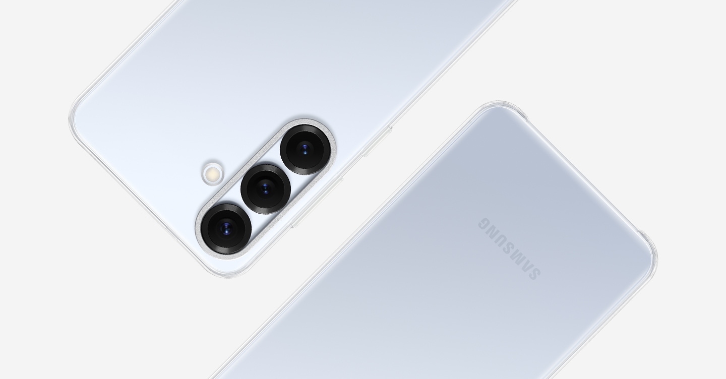 Des parties de la coque transparente sont pr&eacute;sent&eacute;es &agrave; c&ocirc;t&eacute; d&rsquo;un Galaxy S25, pour lequel elle est con&ccedil;ue.