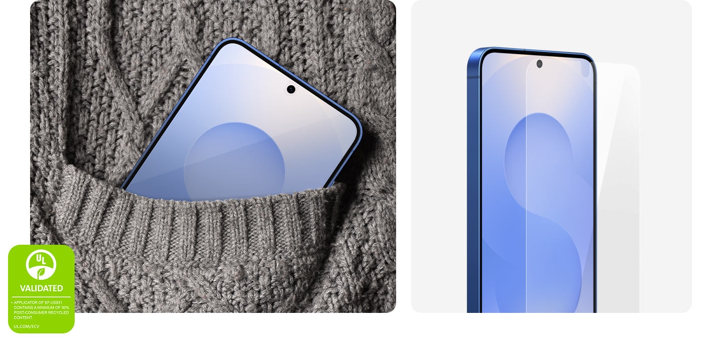 Un Galaxy S25, avec le Anti-reflecting Film install&eacute; sur son &eacute;cran, est plac&eacute; dans la poche tricot&eacute;e du support. Un autre Galaxy S25 est vu depuis son &eacute;cran, l&eacute;g&egrave;rement inclin&eacute;, avec le Anti-reflecting Film au dessus. Dans le coin inf&eacute;rieur gauche, une marque de validation de d&eacute;claration environnementale UL est affich&eacute;e, indiquant &laquo;&nbsp;L'APPLICATEUR DE EF-US931 CONTIENT UN MINIMUM DE 50&nbsp;% DE CONTENU RECYCL&Eacute; POST-CONSOMMATION. UL.COM/ECV&nbsp;&raquo;.