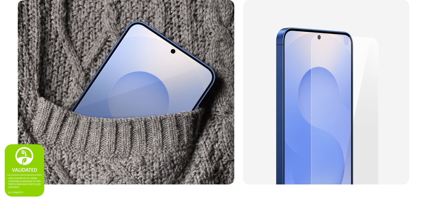 Un Galaxy S25+ avec le film de protection install&eacute; sur son &eacute;cran est plac&eacute; dans une poche en tricot. Dans le coin inf&eacute;rieur gauche, une Certification de d&eacute;claration environnementale UL indique&nbsp;: &laquo;&nbsp;L&rsquo;APPLICATEUR DE L&rsquo;EF-US936 CONTIENT UN CONTENU RECYCL&Eacute; MINIMUM DE 50% POST-CONSOMMATEUR. UL.COM/ECV&nbsp;&raquo;.