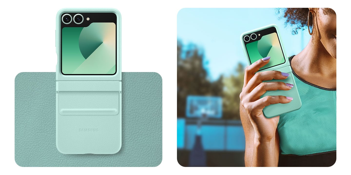 1) Le t&eacute;l&eacute;phone dans un &eacute;tui Kindsuit Menthe.  Le t&eacute;l&eacute;phone est plac&eacute; sur un &eacute;chantillon.  &Agrave; c&ocirc;t&eacute;, une femme en tenue active de couleur menthe tenant le t&eacute;l&eacute;phone. 