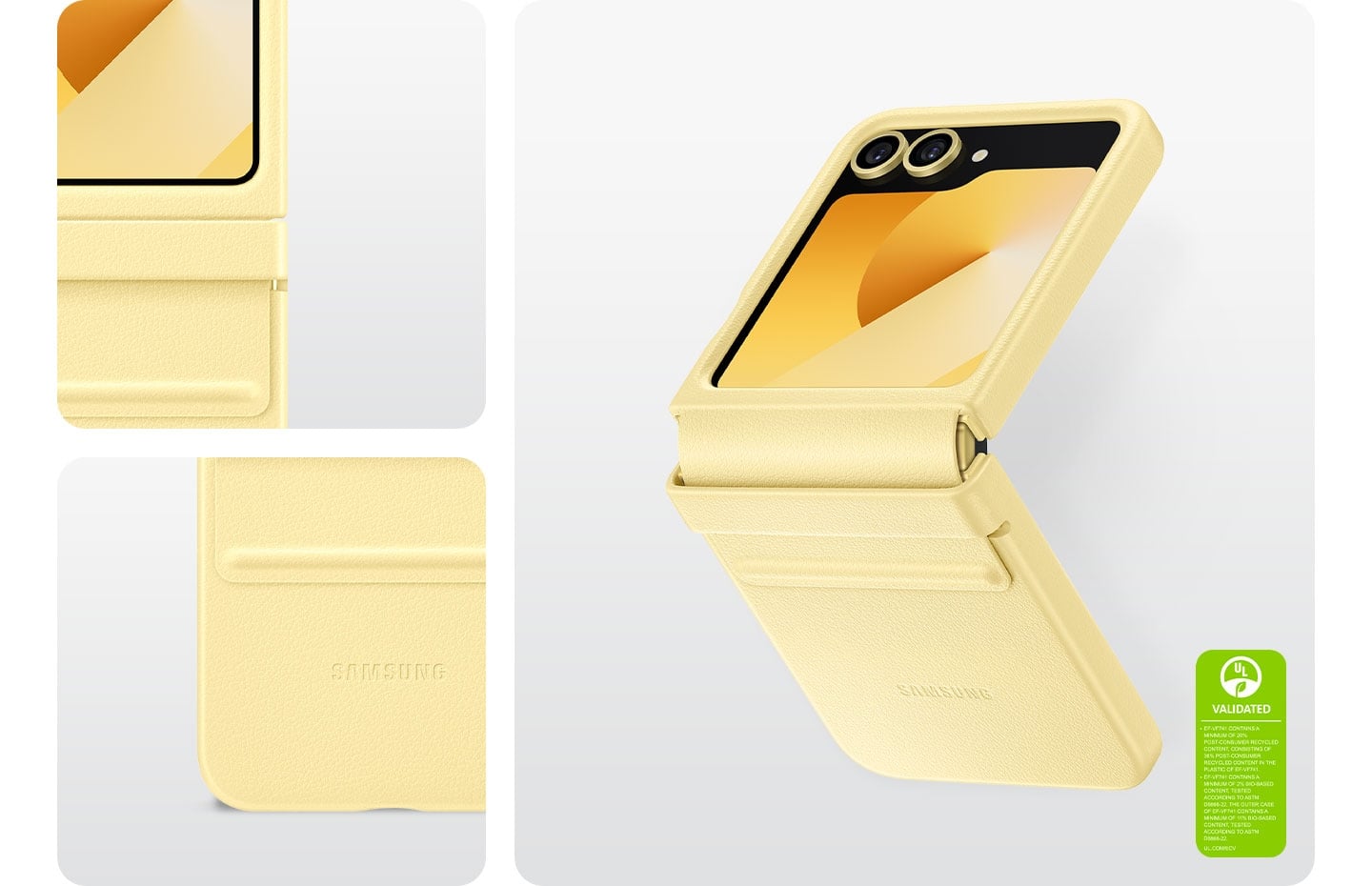 Un &eacute;tui Kindsuit Jaune sur un Galaxy Z Flip6. La surface souple de l&rsquo;&eacute;tui Kindsuit et le rabat qui prot&egrave;ge la charni&egrave;re du t&eacute;l&eacute;phone sont pr&eacute;sent&eacute;s en gros plan.
