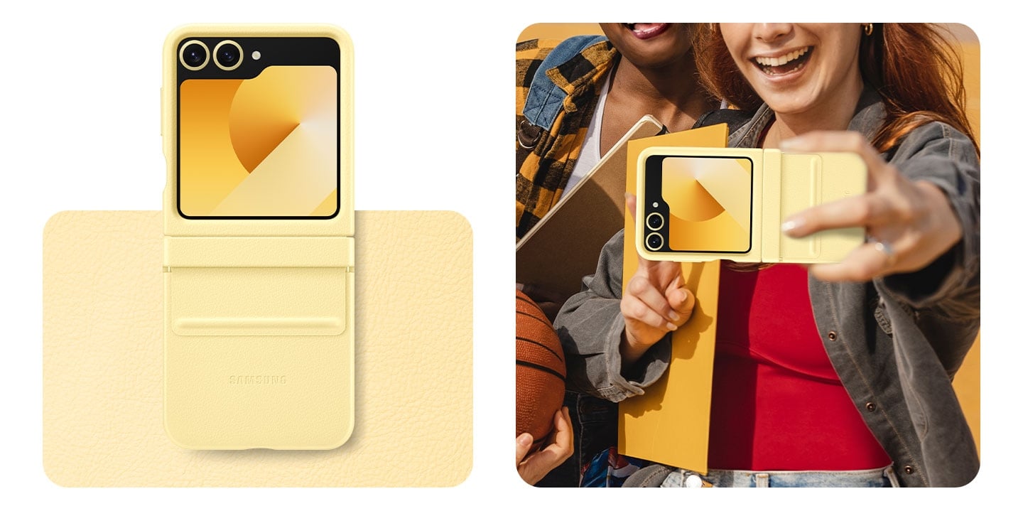 3) Le t&eacute;l&eacute;phone dans un &eacute;tui Kindsuit Jaune.  Le t&eacute;l&eacute;phone est plac&eacute; sur un &eacute;chantillon.  &Agrave; c&ocirc;t&eacute;, une jeune fille prend un selfie avec le t&eacute;l&eacute;phone. Dans ses bras, elle porte un dossier de la m&ecirc;me couleur jaune.