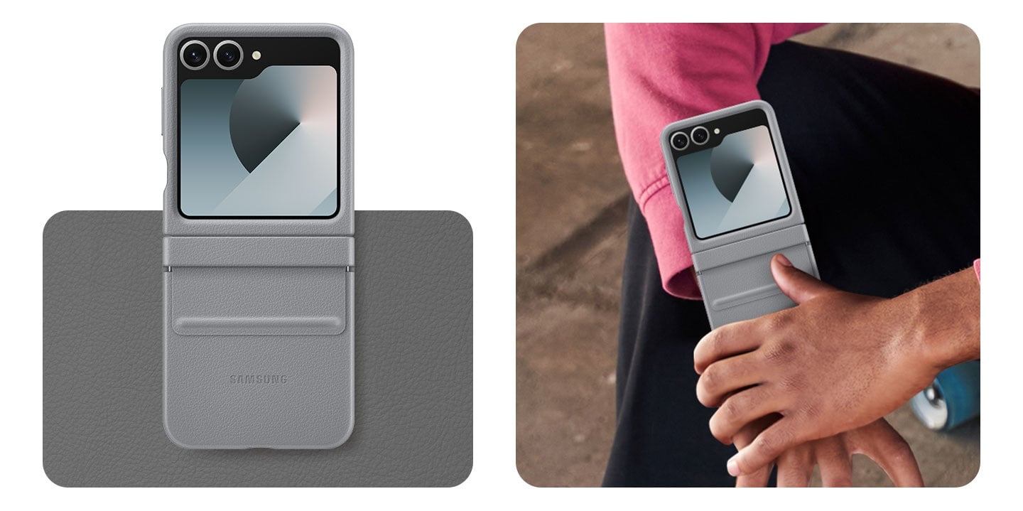 2) Le t&eacute;l&eacute;phone dans un &eacute;tui Kindsuit Gris.  Le t&eacute;l&eacute;phone est plac&eacute; sur un &eacute;chantillon.  &Agrave; c&ocirc;t&eacute;, les mains d&rsquo;un homme qui le tient confortablement dans ses mains. 