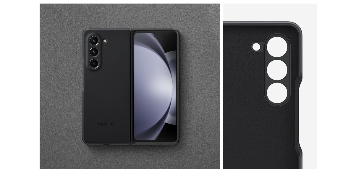 Vue arri&egrave;re d&rsquo;un Galaxy Z Fold5 d&eacute;pli&eacute; recouvert d&rsquo;un &eacute;tui en &eacute;co-cuir noir. &Agrave; c&ocirc;t&eacute; se trouve un gros plan de l&rsquo;encoche pour appareil photo de l&rsquo;&eacute;tui.