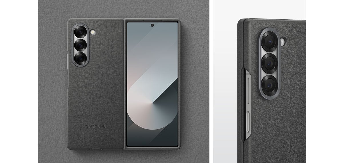The Kindsuit Case in gray, a flat lay of the phone against a swatch of the soft vegan leather material of the case, and a close-up of the phone and case showing how the case fits the contours and edges of the phone perfectly.