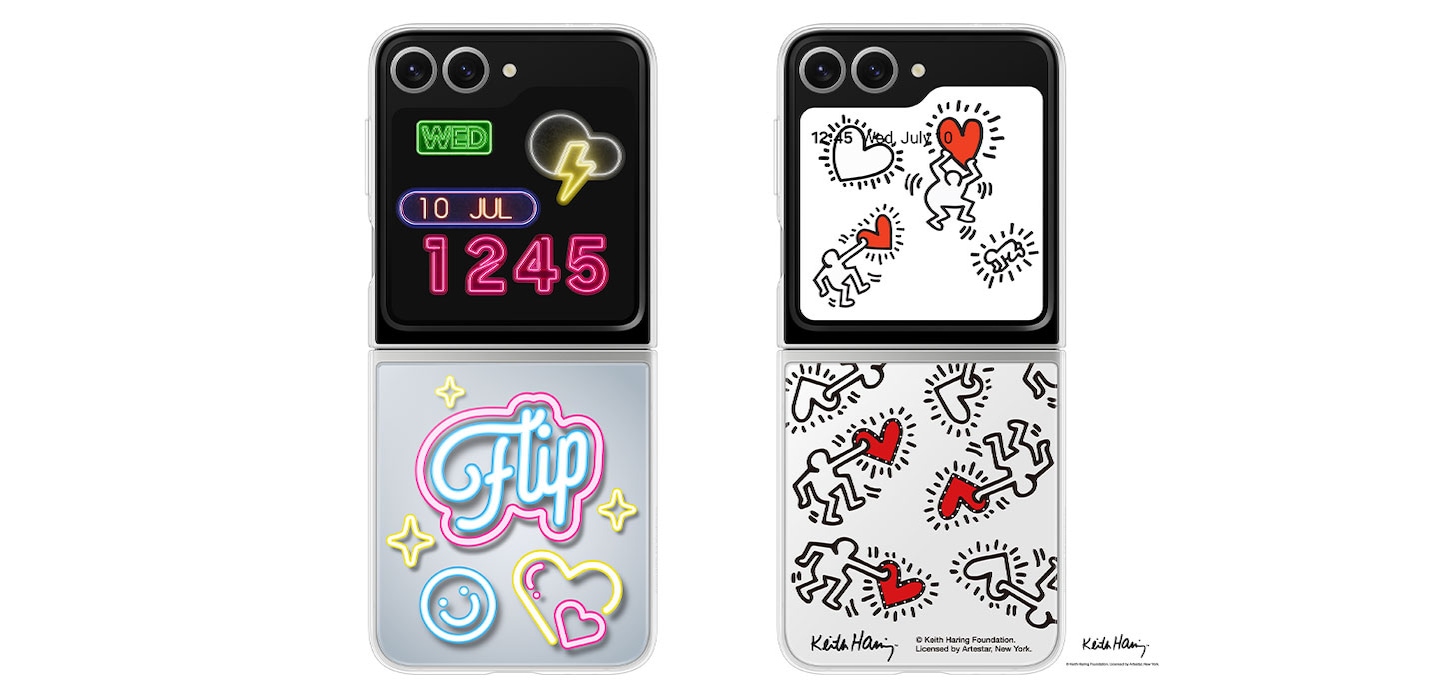 Une vid&eacute;o commence par une carte Flipsuit et un &eacute;tui Flipsuit. La carte et l&rsquo;&eacute;tui sont ensuite plac&eacute;s sur un Galaxy Z Flip6 enti&egrave;rement pli&eacute;. Le t&eacute;l&eacute;phone se d&eacute;plie et les designs uniques et color&eacute;s sont d&eacute;sormais visibles &agrave; la fois sur l&rsquo;&eacute;tui et sur l&rsquo;&eacute;cran LED du t&eacute;l&eacute;phone. Deux t&eacute;l&eacute;phones Galaxy Z Flip6 sont ensuite pr&eacute;sent&eacute;s, chacun avec un &eacute;tui Flipsuit diff&eacute;rent, l&rsquo;un avec des designs fluo, l&rsquo;autre blanc avec une &oelig;uvre de Keith Haring. Les &eacute;crans LED des deux t&eacute;l&eacute;phones pr&eacute;sentent ces designs uniques en mouvement.