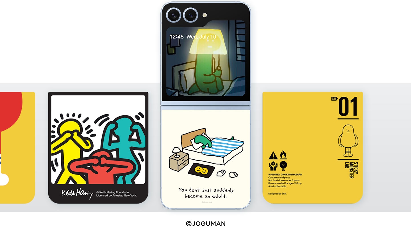 Un assortiment de designs de cartes Flipsuit pr&eacute;sent&eacute;s un par un sur un Galaxy Z Flip6 avec un &eacute;tui Flipsuit. Une par une, chaque carte Flipsuit est ins&eacute;r&eacute;e dans l&rsquo;&eacute;tui et le design prend vie dans le contenu du t&eacute;l&eacute;phone. Chaque design pr&eacute;sent&eacute; est unique, &eacute;l&eacute;gant et adapt&eacute; &agrave; diff&eacute;rentes personnalit&eacute;s. Certains designs sont des collaborations de marque. Chaque marque&nbsp;: Sticky Monster Lab, joguman et Keith Haring. Chaque fois qu&rsquo;une carte Flipsuit est ins&eacute;r&eacute;e, le logo appara&icirc;t au bas du Galaxy Z Flip6.