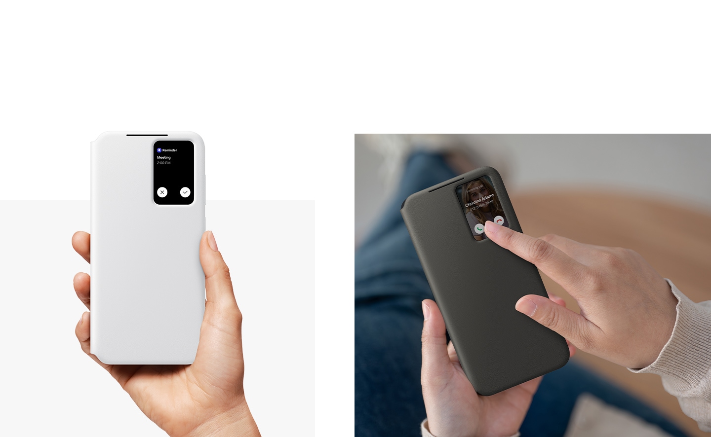 Une personne tient un Galaxy S24 FE dans un &eacute;tui portefeuille Noir pour r&eacute;pondre &agrave; un appel sans ouvrir l&rsquo;&eacute;tui. Une main tient un Galaxy S24 FE dans un &eacute;tui Gris, qui affiche un appel entrant sur sa petite fen&ecirc;tre.