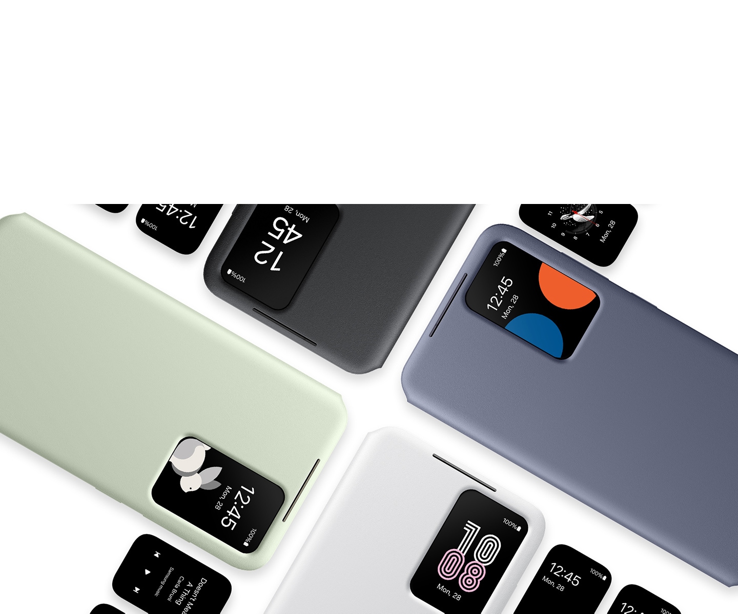 Plusieurs &eacute;tuis portefeuille Smart View en Noir, Vert Clair, violet Fonc&eacute; et Blanc apparaissent et sont align&eacute;s en parall&egrave;le. La fen&ecirc;tre S-View affiche l&rsquo;heure et la date du Galaxy S24 sans avoir &agrave; ouvrir l&rsquo;&eacute;tui.