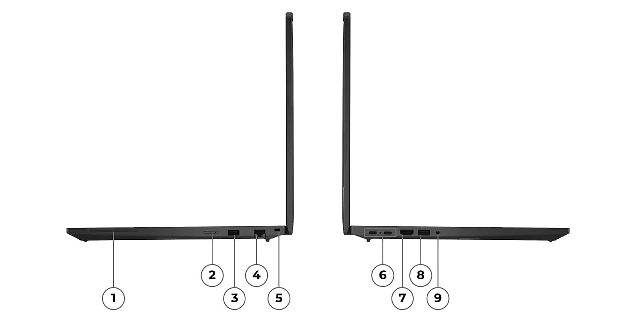 L'ordinateur portable Lenovo ThinkPad T16 Gen 4 est dot&eacute; d'un emplacement de s&eacute;curit&eacute;, d'un port Ethernet, d'un port USB-A, d'un lecteur de carte &agrave; puce en option et d'une carte nano SIM sur le c&ocirc;t&eacute; droit, tandis que le c&ocirc;t&eacute; gauche comprend 2 ports Thunderbolt, un port HDMI, un port USB-A et une prise audio.