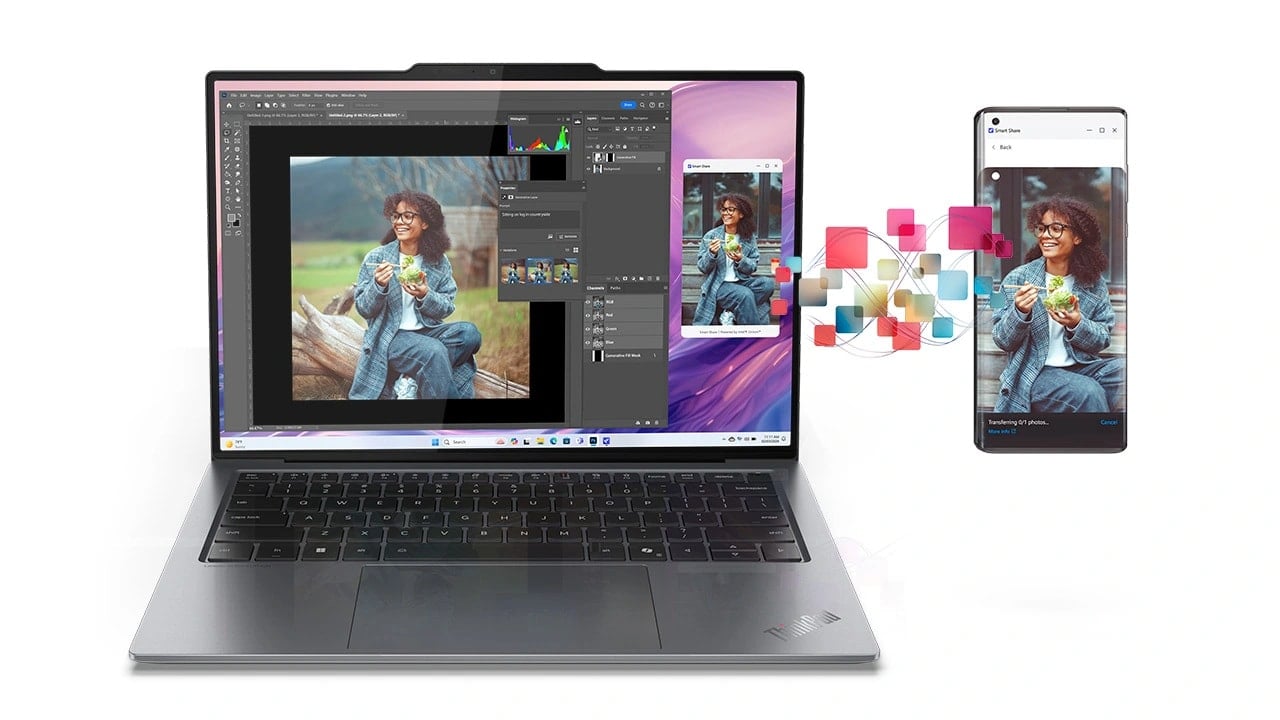 Avec Smart Share, touchez simplement votre t&eacute;l&eacute;phone pour vous connecter &agrave; l&rsquo;ordinateur portable Lenovo ThinkPad&nbsp;X9 14 Aura Edition, et partagez des fichiers, modifiez-les et envoyez m&ecirc;me des SMS depuis votre PC.