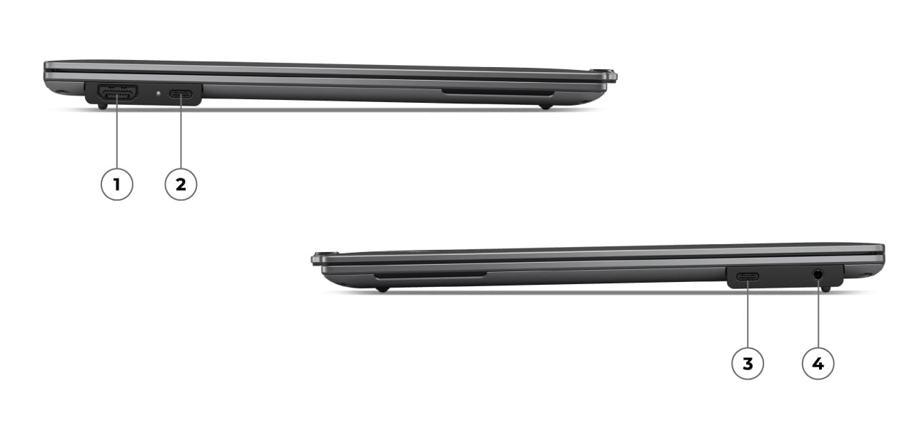 Le portable Lenovo ThinkPad X9 14 Aura Edition est dot&eacute; de deux ports USB-C Thunderbolt&nbsp;4 (un de chaque c&ocirc;t&eacute;), d&rsquo;un port HDMI&nbsp;2.1 et d&rsquo;un connecteur mixte pour &eacute;couteurs/micro, &eacute;tiquet&eacute;e 1-4.