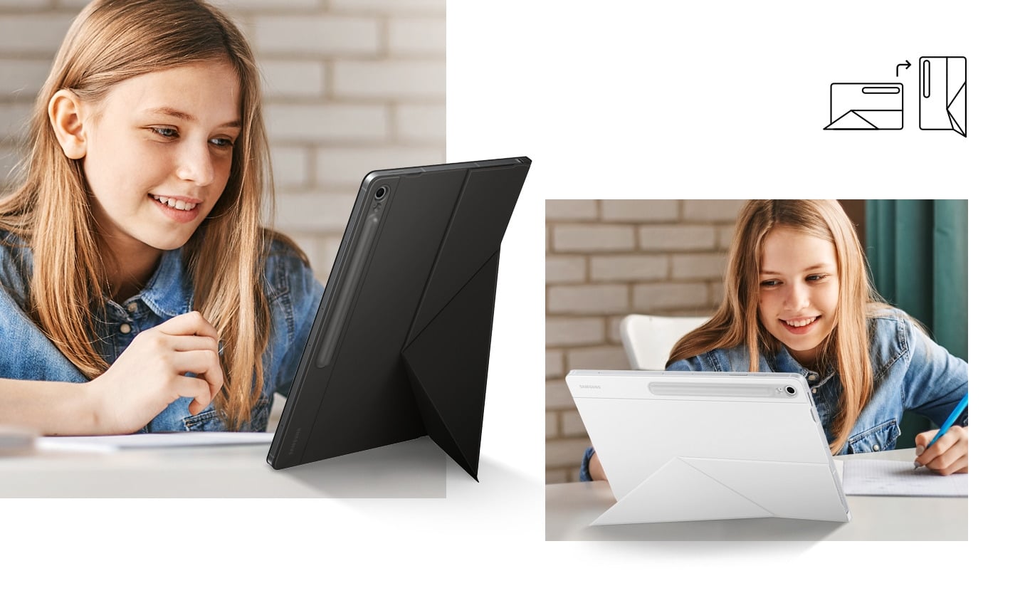 Une jeune fille utilise une Galaxy Tab S10 FE+ avec son Smart Book Cover, plac&eacute;e verticalement et soutenue par un support. &Agrave; c&ocirc;t&eacute;, elle utilise l'appareil horizontalement, avec un support &agrave; l'arri&egrave;re.