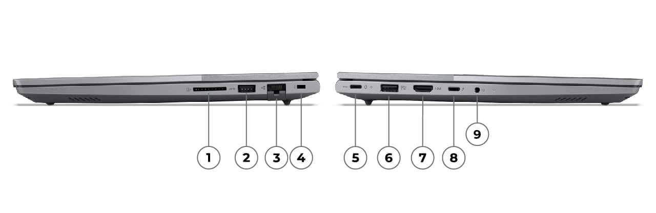 Vues lat&eacute;rales gauche et droite de l&rsquo;ordinateur portable Lenovo ThinkBook&nbsp;14 Gen&nbsp;8 (Intel 14&nbsp;pouces), ferm&eacute; avec ports lat&eacute;raux droits &eacute;tiquet&eacute;s de 1&nbsp;&agrave;&nbsp;4 et ports lat&eacute;raux gauches &eacute;tiquet&eacute;s de 5&nbsp;&agrave;&nbsp;9.