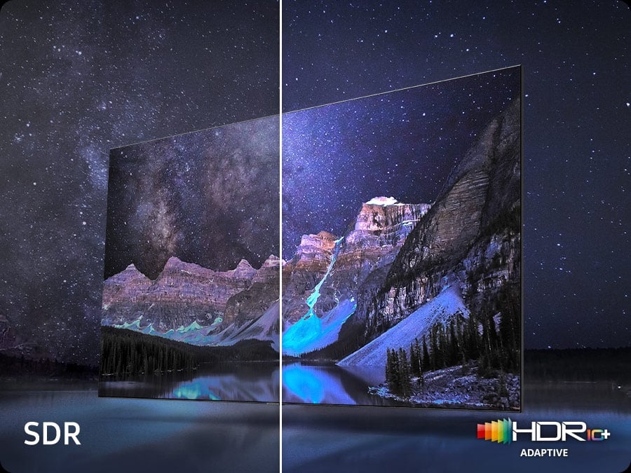 Neo QLED TV is displaying mountains and a starry night. The scene after applying HDR 10+ ADAPTIVE technology is much brighter and crisper than the SDR version.