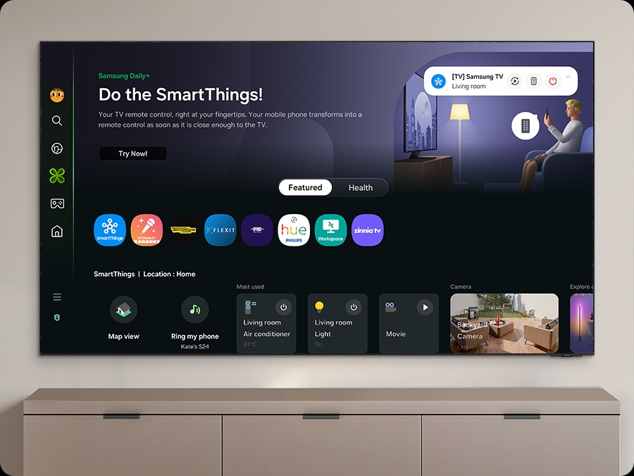 The home screen for Samsung Daily+ shows apps and services. The screen scrolls down to highlight the Most Used smart devices. Screen scrolls up and shows the category switching from Featured to Health. Scrolls back down to show the Workout Tracker options. The Galaxy Watch 6 option is highlighted.