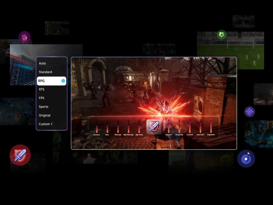 The TV's AI detects that the game on screen is an RPG and optimizes various settings to match. The screen changes over to a sports game. The TV's AI detects the new game genre and re-optimizes the settings to match.