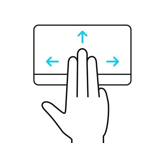 Trois doigts sont repr&eacute;sent&eacute;s en train de glisser vers le haut, le bas, la gauche et la droite sur le pav&eacute; tactile ErgoSense.