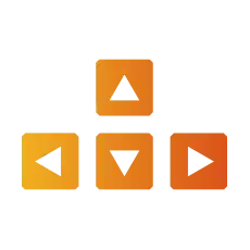 Ensemble de touches fl&eacute;ch&eacute;es orange du clavier avec des formes g&eacute;om&eacute;triques pour les directions haut, bas, gauche et droite sur un fond sombre