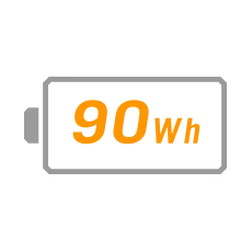 Ic&ocirc;ne de batterie noire affichant &laquo; 90 Wh &raquo; pour indiquer la capacit&eacute; de la batterie, sur fond sombre
