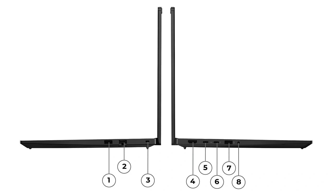 Right & left side profiles of Lenovo ThinkPad E14 Gen 7 (14&rdquo; Intel) laptop with ports labelled from 1 to 3 & 4 to 8 respectively.
